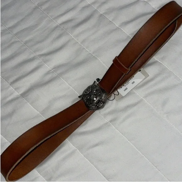 New Gucci Brown Leather Belt with silver Tiger Head Buckle - Picture 6 of 11